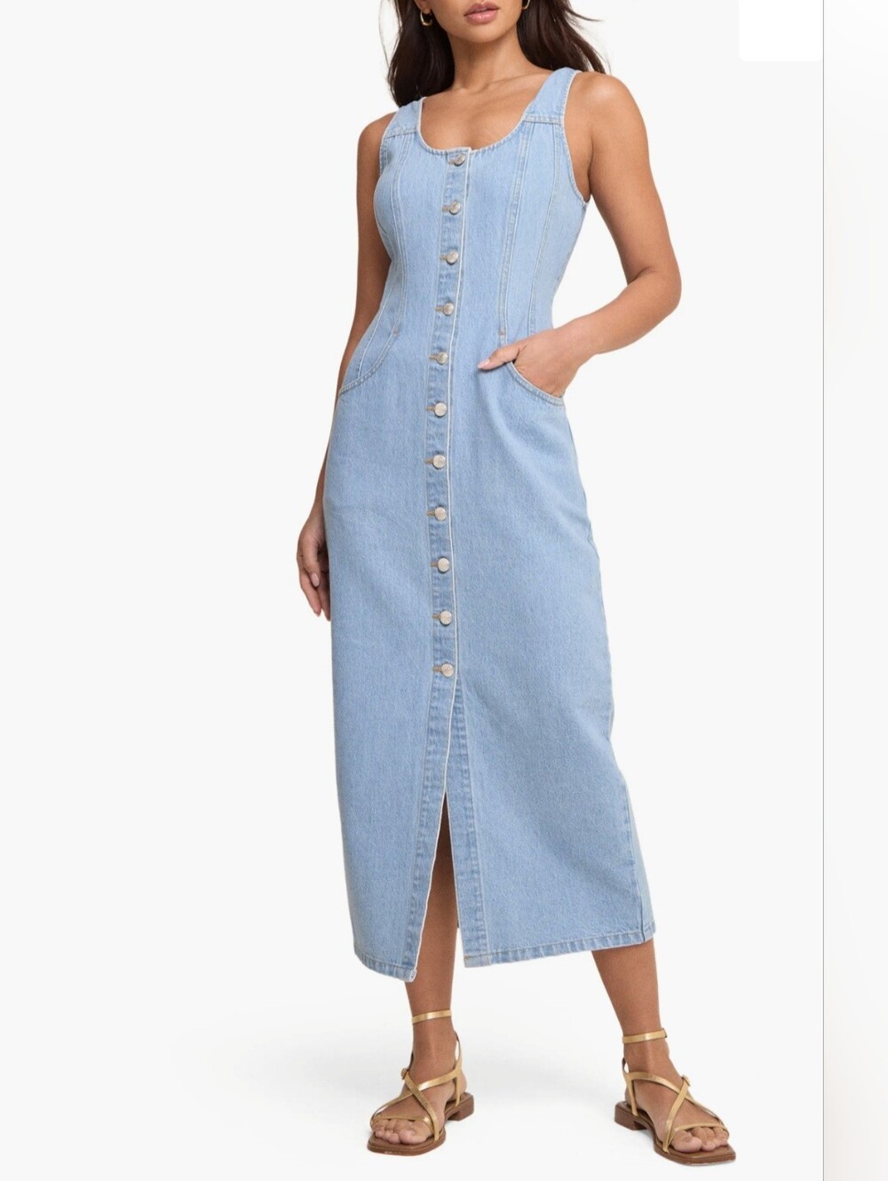 Nobody's Child Denim Button Down Fitted Midi Dress in Blue